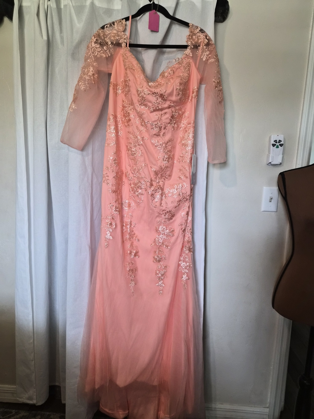 Embellished Long-Sleeve Coral Evening Dress